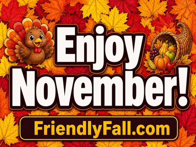 Yard sign reading ‘Enjoy November!’ with a smiling turkey and cornucopia.