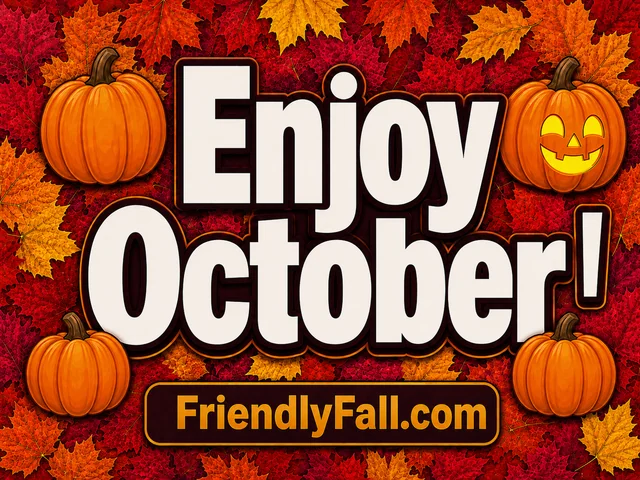Yard sign reading ‘Enjoy October!’ with pumpkins and colorful fall leaves.
