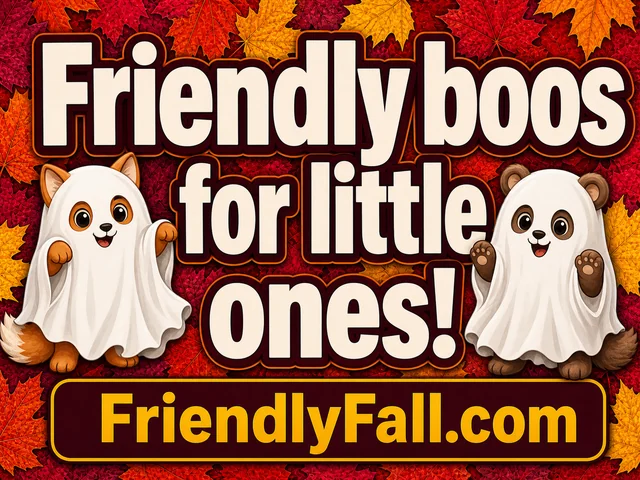 Yard sign reading ‘Friendly boos for little ones!’ with smiling animals dressed as ghosts.