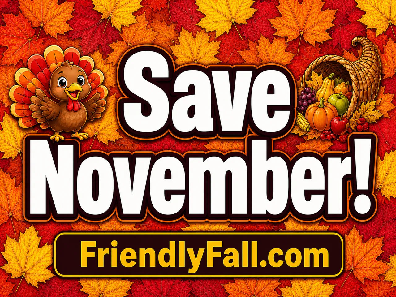 Friendly Fall yard sign reading ‘Save November!’ with a smiling turkey and cornucopia.