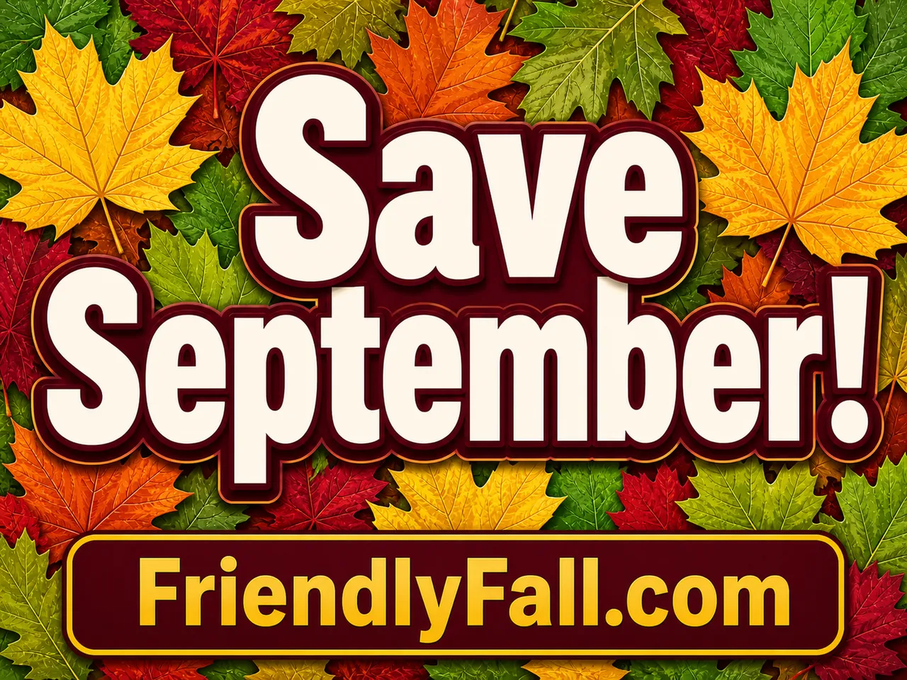 Friendly Fall yard sign reading ‘Save September!’ over colorful maple leaves.