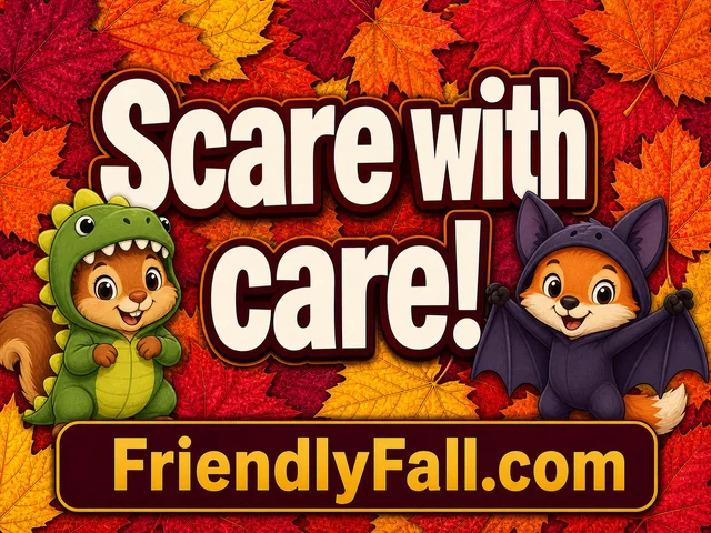 Yard sign reading ‘Scare with care!’ with woodland animals in friendly Halloween costumes.