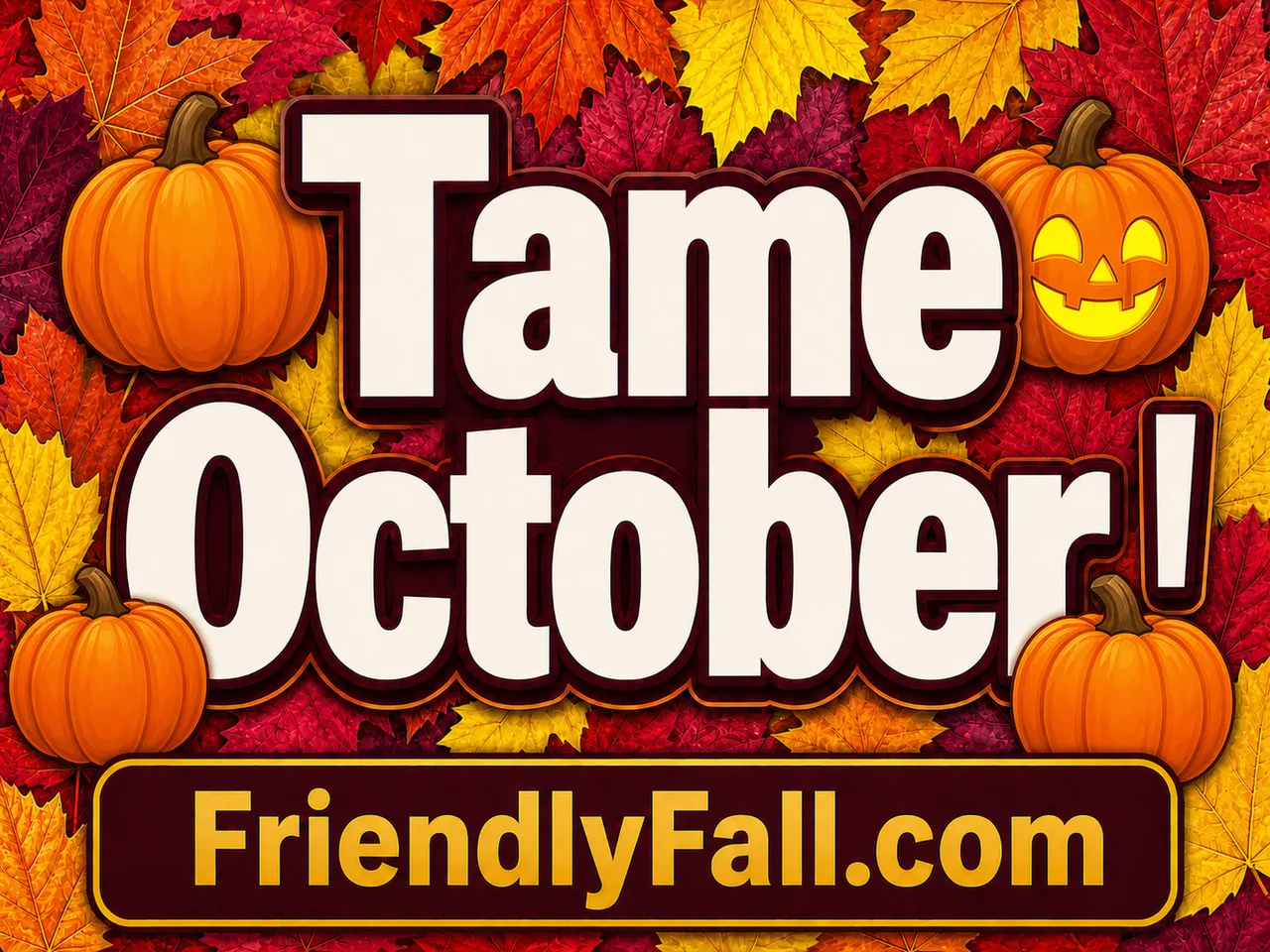 Friendly Fall yard sign reading ‘Tame October!’ with friendly pumpkins.